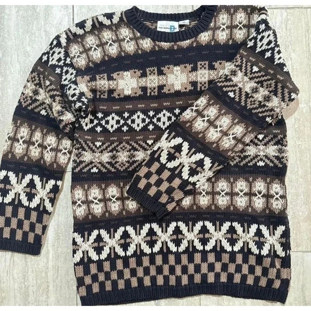Vtg 90s Grandpa Knit Sweater Chunky Fair Isle Geometric Earthtone Gorp Crew M